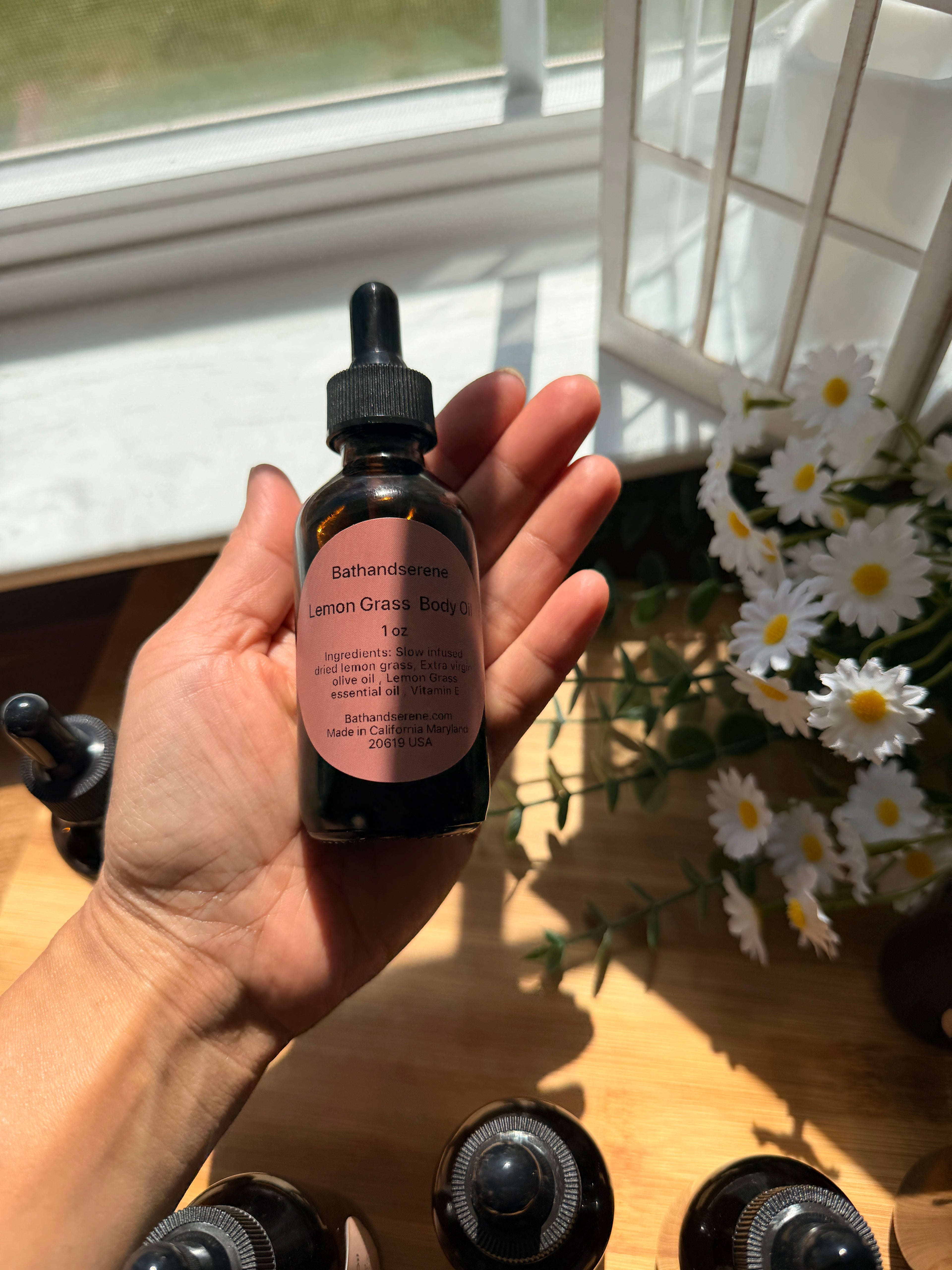 Stress relief lavender and lemon grass body oil .